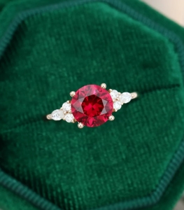 8 mm <strong>Round</strong> Cut Lab-Grown <strong>Ruby</strong> &amp; Moissanite Vintage Art Deco Cluster 10K Solid Gold Ring From India -<strong>Gemstone</strong> Replacement Option - Product Image 4