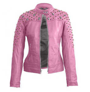 Chaqueta de Cuero Genuino Rosa Estilo Americano 2026 Personalizada para Mujer, Invierno, Adornada con Pedrería, Tela de Lona, Opciones Multicolores - Product Image 2