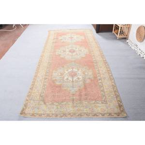Tapis turc vintage 4.7 x 11.1ft fait à la main Orange Beige laine peluche Pile hauteur grand Rectangle Patchwork couloir pour entrée - Product Image 5