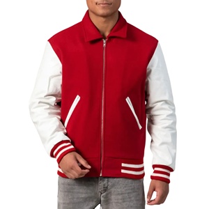 Chaqueta Varsity Unisex con Cierre, Cuello Redondo, Cuerpo de Lana, Mangas de Cuero, Estilo Mecánico Minimalista, Bordado Vintage, Ropa de Trabajo - Product Image 1