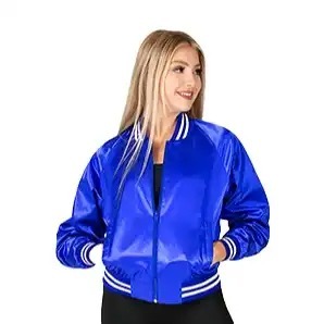 แจ็กเก็ตบอมเบอร์แบบมีซิปสีฟ้าเข้มของผู้หญิงแจ็กเก็ตบอมเบอร์ผ้าซาตินประกายระยิบระยับสำหรับผู้หญิงทำตามสั่ง - Product Image 4