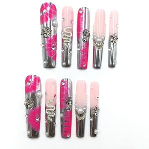 Luxury Long Coffin Pink Chic Aura PVC Press-On <b>Nails</b> <b>Set</b> Handmade with Reusable Glue Square Pattern Custom False <b>Nails</b> - Product Image 2