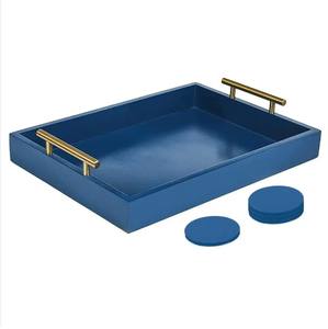 Plateau en bois MDF au design élégant Offre Spéciale et 4 sous-verres avec poignées en métal Table basse Plateau en bois de couleur bleue Nouveau design - Product Image 2