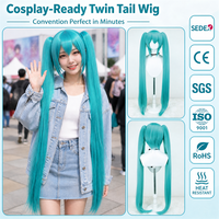 Perruque de cosplay Miku longue, bleue, soyeuse et droite, en fibre haute température, avec filet rose, pour femmes, pour fête d'anime, costume et jeu de rôle