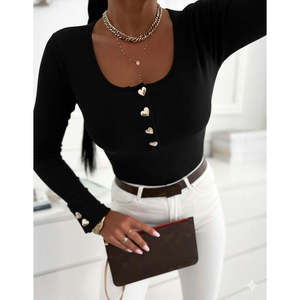 Blusa Camisola de Manga Larga para Mujer, con Escote Abierto y Detalle de Botones, 29753 - Negro - Product Image 2