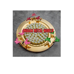 Bandeja de vajilla moderna para el hogar, bandeja redonda de chocolate de acero inoxidable de color dorado de la más alta calidad con asas de mariposa - Product Image 5