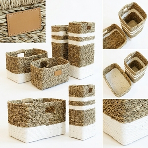 Natural Seagrass Recycled Plastic <b>Basket</b> Set <b>Rectangular</b> Organizer Trash Bin White Liner Handle Setup Pure Art Room Decor Craft - Product Image 3