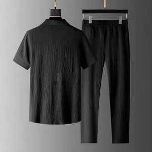 Summer Men 2 Piece Suits Short Sleeve shirt <b>Pants</b> Solid Color Polo Lapel Collar Button Elastic Waist <b>Trousers</b> Tracksuit - Product Image 3