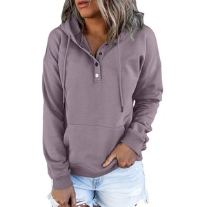 Haute qualité sweats à capuche pour femmes à manches longues bouton couleur Pure décontracté à capuche cordon poche hauts sweats à capuche décontractés - Product Image 5