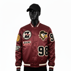 Chaqueta Bomber Satinada de Alta Calidad, 300 GSM, Color Granate, Estilo Atlético, con Parche de Chenilla Personalizado y Logotipo Bordado, para Hombre - Product Image 2