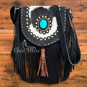 Nuevo estilo occidental pelo en piel de ante con flecos bolso de hombro de cuero bohemio de alta calidad para mujer con piedra turquesa - Product Image 1