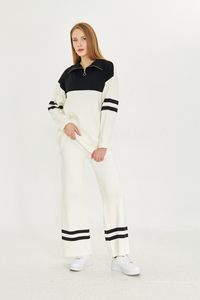 Conjunto de dos piezas de gran tamaño con cremallera a rayas de punto para mujer de alta calidad, ropa informal, ropa de oficina, conjunto de pantalones y suéter - Product Image 5