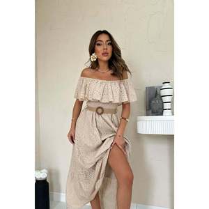 Beige Off-Shoulder Broderie Anglaise <b>Dress</b> - Beige - Product Image 4