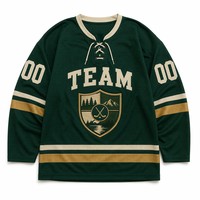 Jersey Hoki Es Sublimasi Kustom Hijau Hutan Krem Emas Garis Vintage Tali Serut OEM
