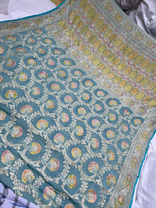 Sari de Seda Banarasi de Chifón Georgette Puro Hecho a Mano, Color Azul Agua Real, Bordado Floral Zari, Borde Pesado, Blusa Sin Coser para Fiesta - Product Image 2