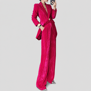 Ensemble <span class=keywords><strong>tailleur</strong></span>-<span class=keywords><strong>pantalon</strong></span> d'hiver formel fuchsia personnalisé pour <span class=keywords><strong>femme</strong></span>, blazer en velours froissé, <span class=keywords><strong>pantalon</strong></span> à jambes larges, revers cranté, simple boutonnage, bouton doré, OEM - Product Image 2