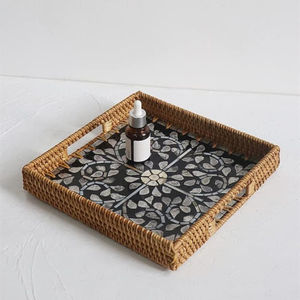 Plateau de service rectangulaire en rotin naturel vintage nacre incrustation florale solide pour la décoration de la table à manger de la maison et de la restauration - Product Image 2