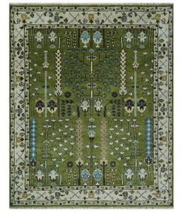 Tapis artisanal indien noué à la main 8x10, 9x12, 10x14 pieds. Vert royal et ivoire. Style turc traditionnel. Tapis en laine motif arbre de vie. - Product Image 4