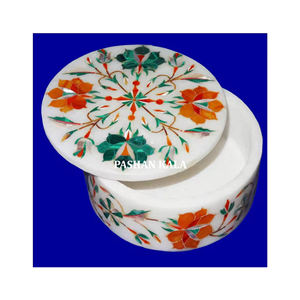 Caja redonda de mármol blanco de alta calidad, hecha a mano, con incrustaciones de diseño floral multicolor, ideal para el hogar y como regalo de boda. - Product Image 1