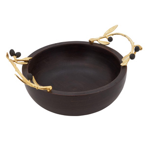 Bol en bois rond avec poignée en aluminium design feuille et fleur bol de service en bois fournisseur en gros - Product Image 4