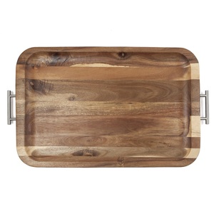Plateau de service rectangulaire en bois d'acacia de luxe avec poignées en métal doré pour mariage ou maison, cuisine et hôtel - Product Image 2