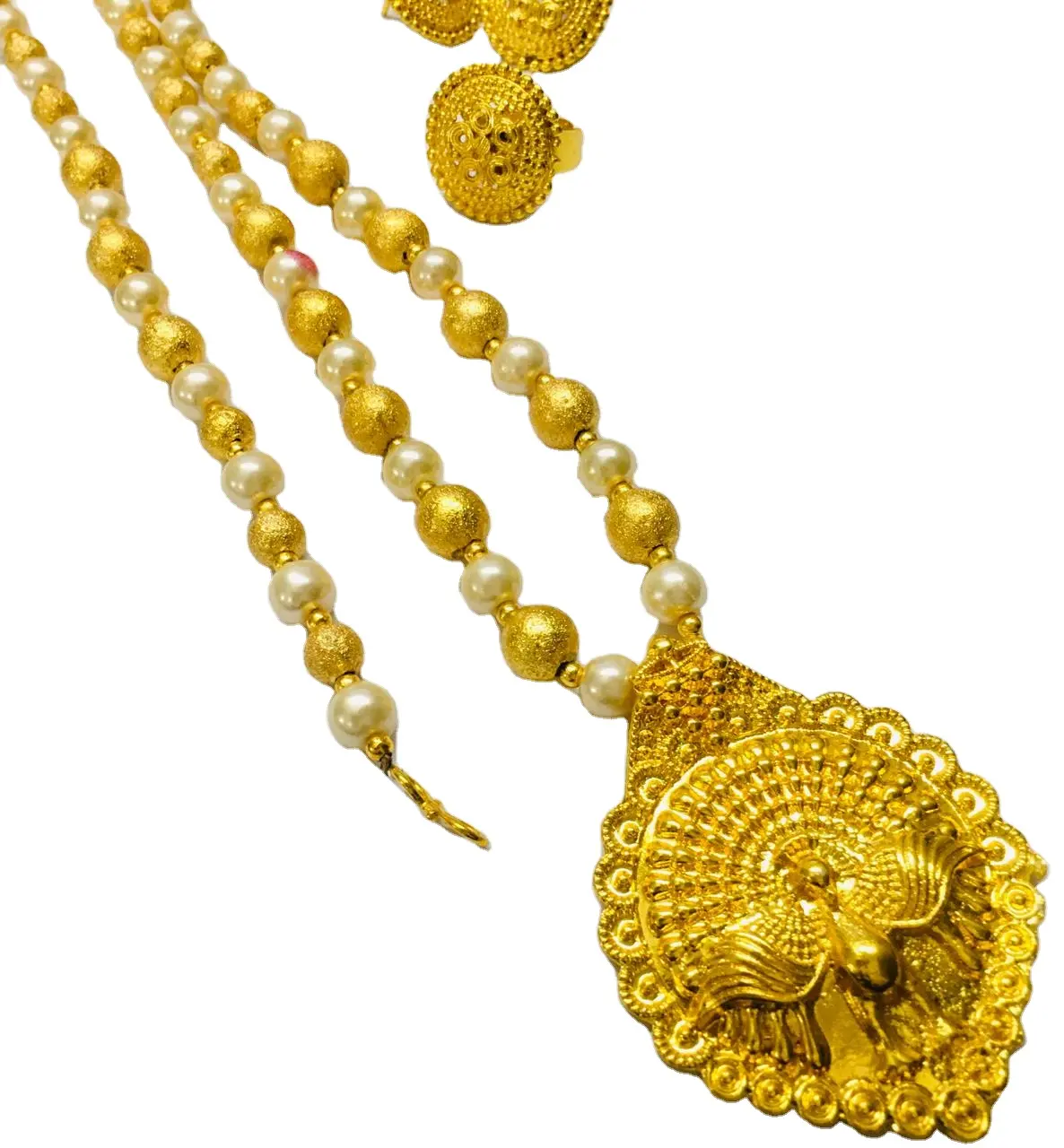 Bulu Terbuka Mutiara Merak Kualitas Terbaik Kain India Mode Perhiasan Kalung Dubai Perhiasan 24K Perak Berlapis Emas Set