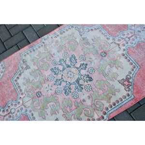 Vintage Rug 2.9x6.8 ft, <b>Red</b> Blue Bordered <b>Wool</b> Turkish Rug - Product Image 5