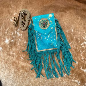 Pelo hecho a mano en cuero de vaca metálico turquesa flecos mujeres bandolera móvil bolso occidental cuero genuino Concho teléfono celular monedero - Product Image 4