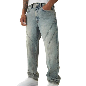 Straight-Leg Men's Stonewashed <b>Denim</b> Jeans Lightweight Cotton Casual Fit Mid Waist Breathable Eco-Friendly Frayed Cuff Spring - Product Image 4