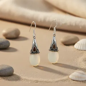 Boucles d'oreilles vintage tibétaines en argent et jade, forme goutte d'eau, pour femme, avec sertissage clos en alliage, argent antique, marque de mode pour mariage - Product Image 3