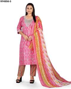 Elegante conjunto de Kurti de algodón con estampado de lámina bordado cuello de viscosa trabajo a juego inferior y Ropa Étnica cosida dupatta fluida - Product Image 6