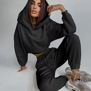 Femmes Automne Hiver Sports Fitness 2 Pièces Jogger Survêtement Ensemble Cropped Hoodie Sweatpants avec Sexy Design Solid Pattern - Product Image 4