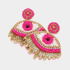 Boucles d'oreilles brodées de perles de rocaille colorées violet/jaune/vert, style plume perlée classique pour festival - Product Image 2