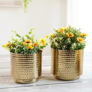 Luxueux Vase à fleurs en métal plaqué or support miroir poli martelé superbes arrangements floraux classique décor de jardin à la maison - Product Image 4