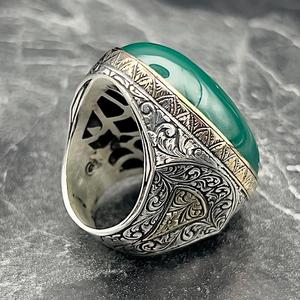 Anillo Grande Vintage Otomano para Hombre, de Ágata Verde, Chapado en Oro de 22k, Plata de Ley, Hecho a Mano en Turquía, con Diseño Geométrico, Regalo Perfecto - Product Image 5