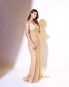 Style moderne attrayant robe lourde qualité Mono Net Saree Blouse avec lourd 5MM Multy & paillettes broderie travail femme mode - Product Image 3