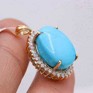 Nouveauté Turquoise naturelle et diamant pierre précieuse 14k or jaune massif fait à la main femmes pendentif bijoux pour la vente en gros - Product Image 2