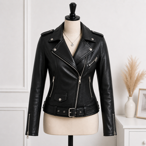 Veste de motard en similicuir noir pour femme, manches longues, fermeture éclair, col montant, coupe classique - Product Image 3