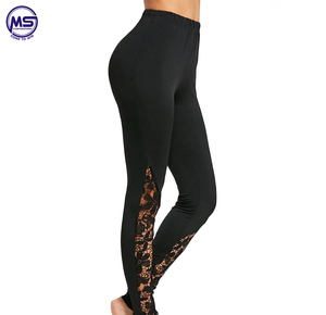 Fashion Women's Trousers Elastic High Waist <b>Leggings</b> <b>Black</b> Solid Color Hollow Out Lace Hem Pants Casual Wear Custom Gym Wear - Product Image 6
