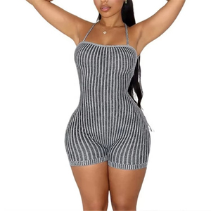 Personnaliser la mode tricoté rayure impression licou moulante barboteuses femmes sans manches dos nu à lacets combinaisons - Product Image 6