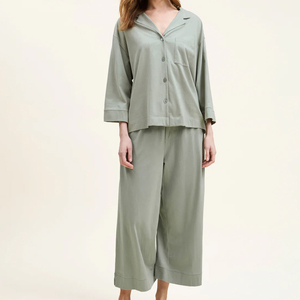 Pima Cotton Pajama Set Long Sleeve Women's <strong>Pyjamas</strong> Sustaianble <strong>Button</strong> <strong>up</strong> Sleep Shirt and Pant Organic Interlock Womens Sleepwear - Product Image 1