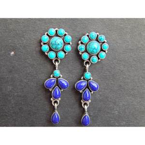 Boucles d'oreilles en argent sterling 925 avec pierres précieuses Lapis Lazuli et Turquoise Cabochon Bijoux de mode - Product Image 4