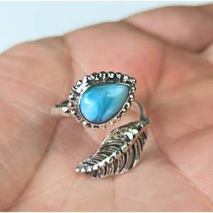 925 Sterling Silver Handmade <b>Statement</b> <b>Ring</b> Blue Larimar Gemstone Boho Style Rhodium Plated Gift for Her - Product Image 1