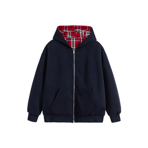 Zipper Plaid <b>Jacket</b> <b>Men</b> Boxy Heavyweight Drop Shoulder Striped Double Layer Reversible <b>Flannel</b> Hoodie - Product Image 1