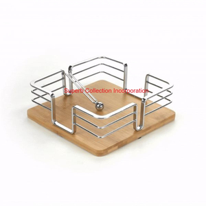 Porte-serviettes en métal doré avec base en bois et élégant distributeur de mouchoirs en forme de carré pour table à manger et cuisine - Product Image 2