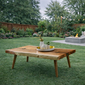 Mesa de Centro Moderna de Madera de Monkey Pod con Borde Natural y Patas Torneadas, Diseño Ecológico y Duradero para Sala de Estar y Patio - Product Image 1