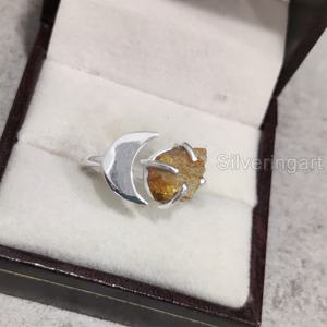Joyería de piedra cruda, anillo para mujer, piedra preciosa de citrino ajustable Natural, piedra natal de noviembre, luna creciente, anillo de Plata de Ley 925 - Product Image 3