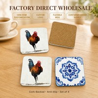 Ensemble de sous-verres imprimés en liège naturel carré avec motif coq et mandala, absorbants, pour tasses et tables, OEM ODM Vente en gros