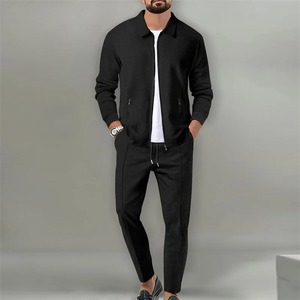 Survêtement d'hiver quotidien décontracté pour hommes, veste et pantalon gaufrés zippés à manches longues, ensemble de survêtements deux pièces en polaire tissée - Product Image 3