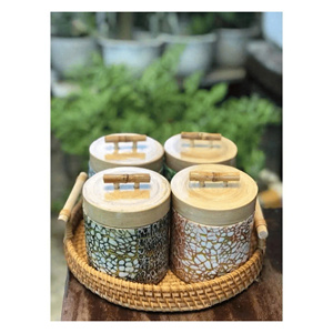 Pot en bambou fait à la main avec incrustations de nacre, pot à thé rond en bois avec couvercle, pour cadeau, vacances, décoration - Product Image 3